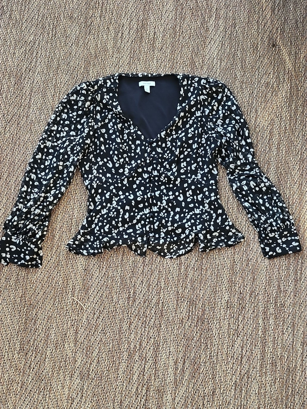 Nine West Black Blouse with Cream Spot Print and Peplum